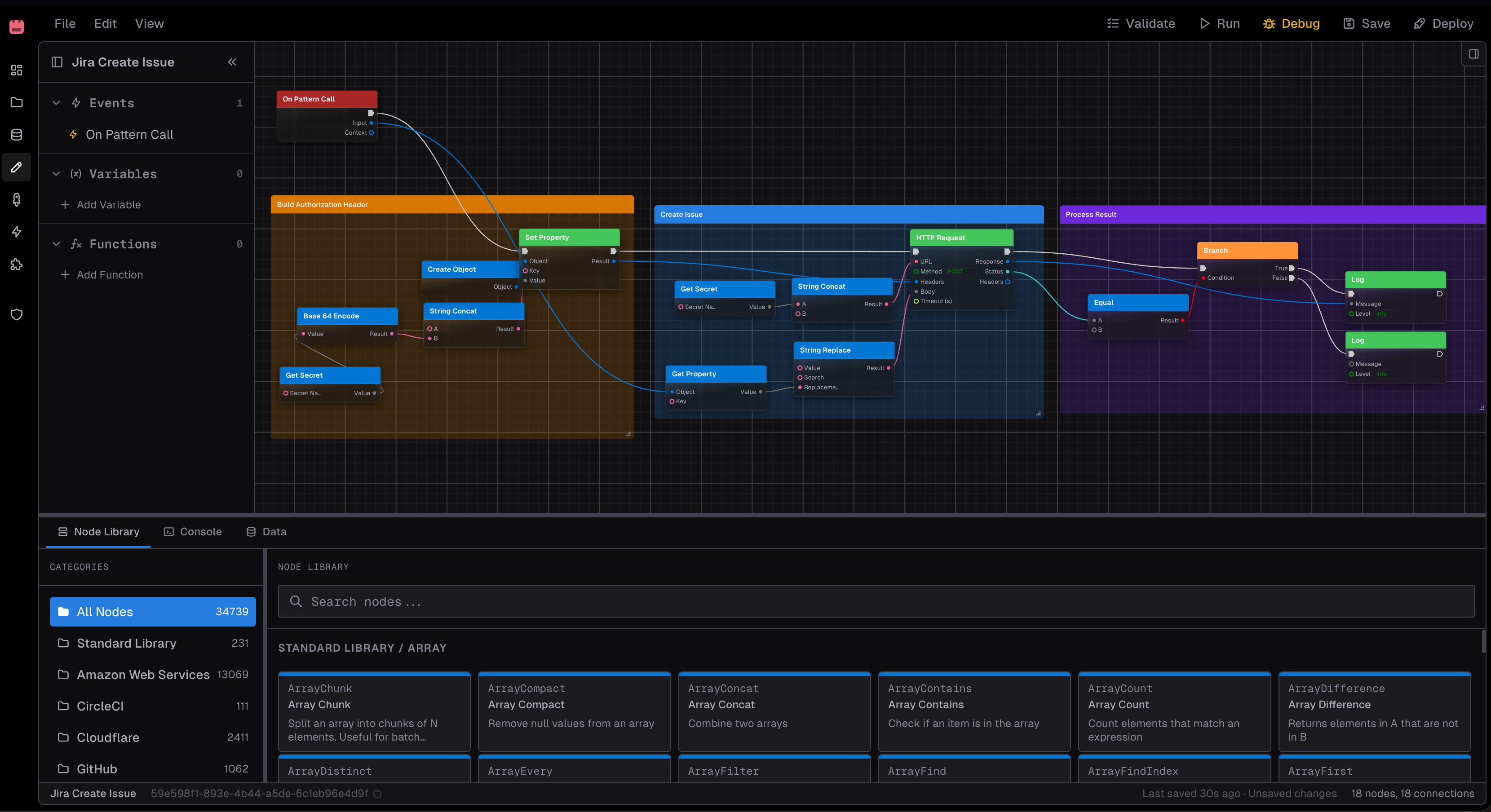 DRAGOPS visual editor showing a pattern with connected nodes
